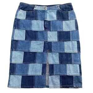 Y2K Denim Jean Skirt Knee Length D’Mode Classix Size 11 Patchwork Front Slit